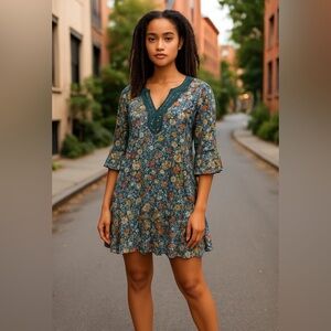 Johnny Was Divina Tunic Teal Floral Dress with Bell Sleeves